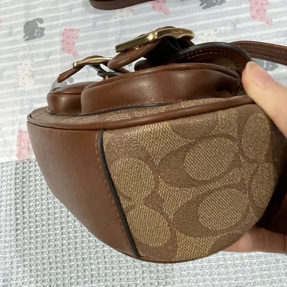 Coach Brown Signature Canvas Shoulder Bag with Double Buckle Pockets